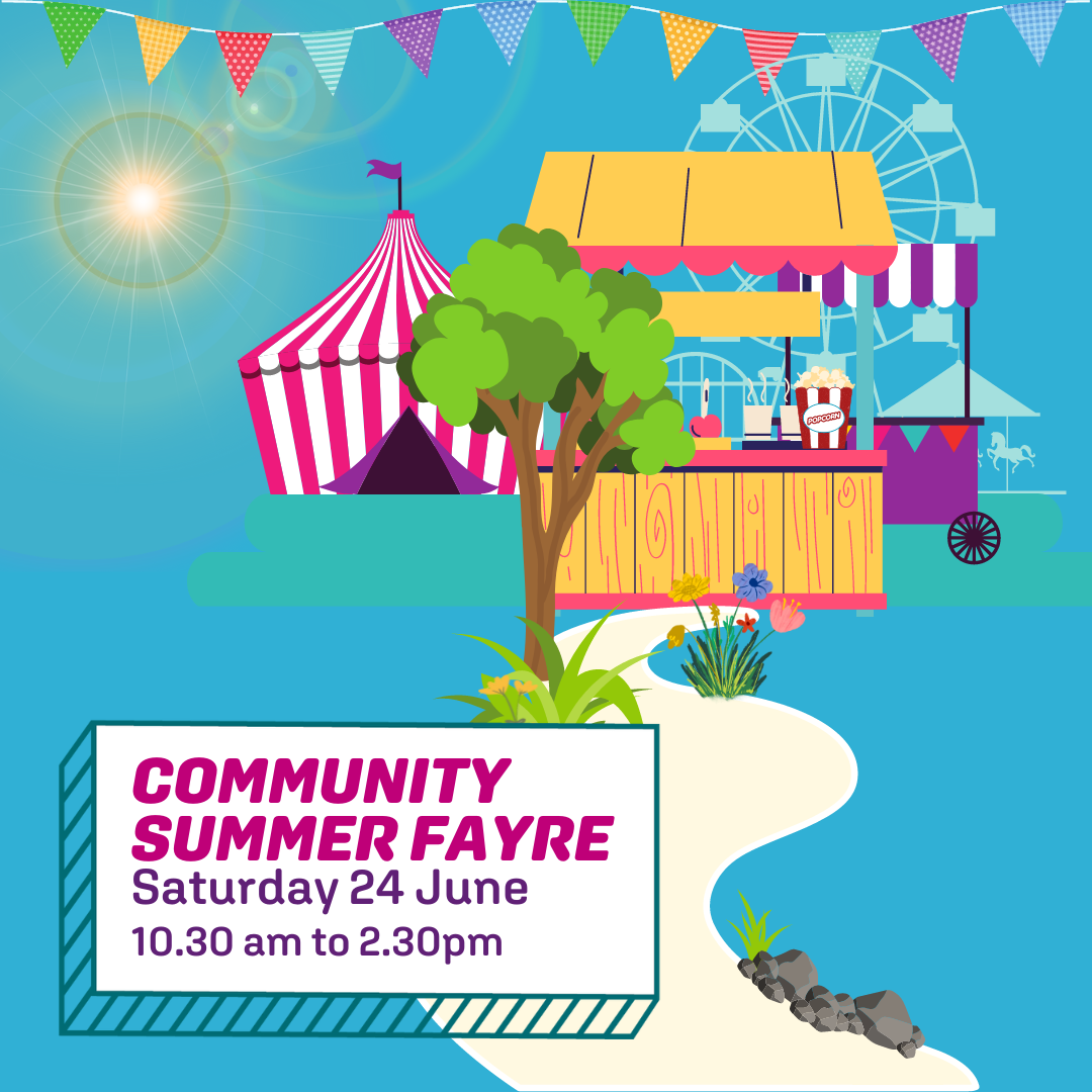 Community Summer Fayre Infographic with blue background, stalls and bunting.